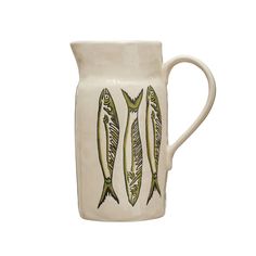 cream colored pitcher with 3 green fish vertically across the front. Underglaze Mugs, Fish Pottery, Pitchers Pottery, Pretty Pottery, Whimsical Fish, Stoneware Pitcher, Wild Bunch, Fish Decor, Green Fish