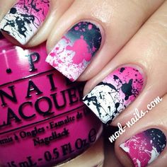 make-up, nails, nail polish, pink, black, white, white paint splatter, patterns Splatter Nails, Quick Nail Art, Unghie Sfumate, Colorful Nails, Nail Swag, Get Nails, I Love Nails, Short Hairstyle