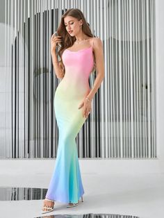 Ultimate Elegance: Ombre Draped Collar Mermaid Hem Cami Dress Fitted Gradient Maxi Dress, Fitted Gradient Sleeveless Dress, Fitted Ombre Dresses For Evening, Spring Prom Mermaid Dress, Summer Mermaid Dress With Fitted Bodice, Multicolor Mermaid Hem Dress For Party, Multicolor Mermaid Dress For Party, Cami Pattern, Draped Collar