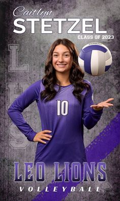 a female volleyball player is posing for the camera and holding a ball in her hand