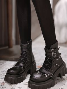 Fabric:PUShoes Details:Buckle Ankle Strap / Buckle Straps / High Block Heel / Lace-up Closure / Silver-tone Studs  	 		 			Size 			35 			36 			37 			38 			39 		 		 			Foot Length 			22.5 			23 			23.5 			24 			24.5 		 		 			Heel 			8 			8 			8 			8 			8 Emo Boots, Gothic Dresses, Grunge Boots, Alt Clothes, Platform Boots Chunky, Black Grunge, Gothic Clothing, Block Heel Boots, Diy Sewing Clothes