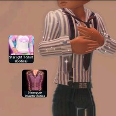 an animated image of a man in striped shirt and tie with his hands on his chest