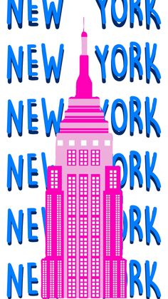 the new york city building is shown in pink and blue with words that read new york