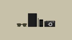 an old camera, book and sunglasses are arranged on a beige background in this minimalist illustration