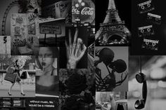 black and white collage with images of women, buildings, telephones and signs