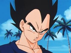 an animated image of gohan with palm trees and blue sky in the back ground