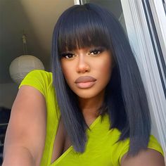 Short Straight Bob Human Hair Wigs With Bangs Full Machine Made Wigs For Women Wholesale Fringe Wig Black Women With Bangs Hairstyle, Lob And Bangs, Quick Weave With Bangs, Hair With Fringe Bangs, Straight Bob With Bangs, Bob Pendek, Fringe Wig, Kort Bob, Brazilian Straight Human Hair