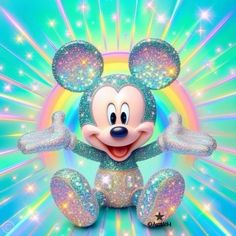 a mickey mouse with glitters on it's face and arms in front of a rainbow