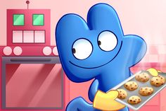 a blue cartoon character holding a tray of cookies