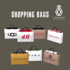 several shopping bags with different logos on them