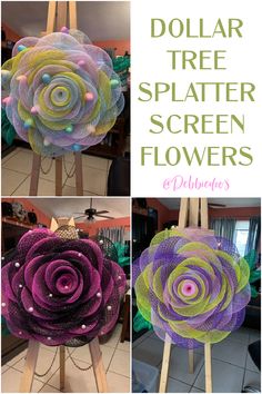 three pictures of different colored flowers on wooden eases with text overlay that says dollar tree splatter screen flowers