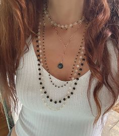 Black Tourmaline Lariat Necklace. 18” length with a 2 1/2” lariat drop. Chair can be shortened to any shorter length through the chain links. Gold Plated. Drop Chair, Selenite Jewelry, Multiple Necklaces, Selenite Necklace, Layering Style, Silver Shark, Handmade Crystal Necklace, Beaded Chain Necklace, Handmade Boho Jewelry