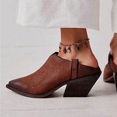 Nwt - So Cute!! Embossed Leather And Distressed 100% Leather Size: 6.5 Free People Clogs, White Clogs, Block Heel Mules, Black Heels Low, Suede Clogs, Platform Clogs, Clog Heels, Heel Mules, Leather Cowboy Boots