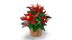 a vase filled with red flowers on top of a white table next to a plant