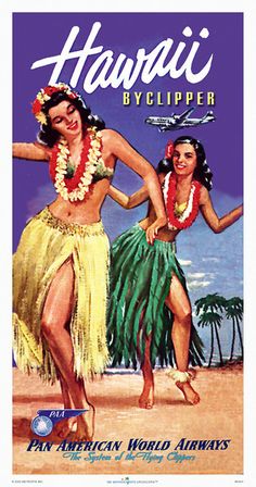 an advertisement for the hawaiian airlines featuring two women in hula skirt dancing on the beach