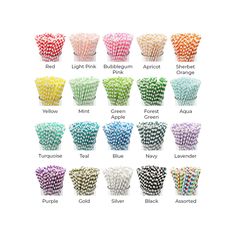 an assortment of different colored cupcakes on a white background with the words,