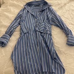 Good Condition Casual Striped Mini Dress For Work, Casual Long Sleeve Striped Mini Dress, Striped Long Sleeve Shirt Dress For Daywear, Blue Vertical Stripes Dress For Daywear, Chic Striped Daywear Dresses, Striped Long Sleeve Mini Dress For Spring, Chic Striped Dresses For Daywear, Casual Long Sleeve Striped Dress, Casual Long Sleeve Dresses With Vertical Stripes