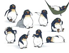 the penguins are standing and sitting in different positions