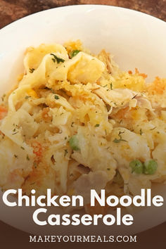 chicken noodle casserole in a white bowl