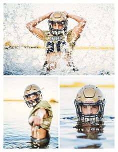 three different shots of a football player in the water