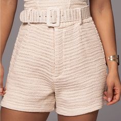 Bring Sophisticated Style To Your Next Vacation With These Beige Shorts. Made With Intricately Woven Crochet Material, These Shorts Are Both Stylish And Comfortable. Featuring A Matching Square Buckle Belt With Hook And Bar Zipper Closure, And Front/Back Darts, They're Perfect For Any Occasion. Materials: 100% Cotton (Lining) 100% Polyester **Never Been Worn** Chic Belted Bottoms For Date Night, Chic High Waist Shorts For Date Night, Elegant Shorts For Going Out, Elegant Short Bottoms For Date Night, Chic Going Out Shorts With Belt Loops, Elegant High-waisted Shorts For Going Out, Elegant High Waist Shorts For Going Out, Elegant Short Length Bottoms For Date Night, Chic Belted Shorts For Night Out