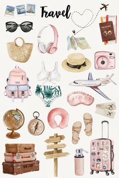 watercolor illustration of travel items including suitcases, hats, and other things in pink