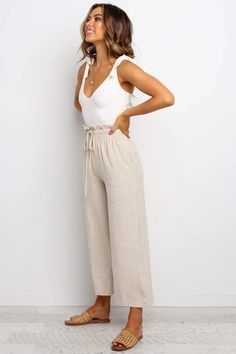 Beige Linen Pants Outfit, Beach Casual Outfit, Linen Blend Pants, Jumpsuit Outfit