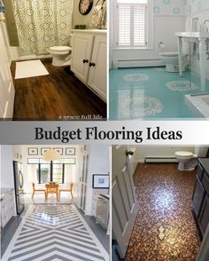 four different pictures with the words budget flooring ideas on them and photos of bathroom