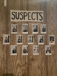 a bulletin board with pictures on it and the words suspects written in black