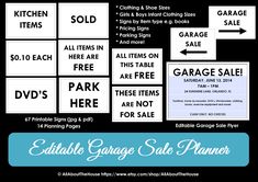 the garage sale flyer is shown in black and white