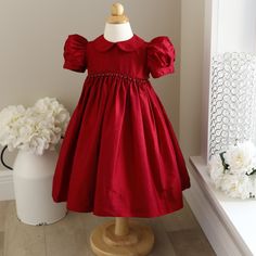 This Strasburg Red Silk Dress Size 18 Months Is Most Gorgeous!!! Made Of 100% Luxurious Dupioni Silk. Smocking At Waist With Hand Embroidery Red Rosettes With White Seed Pearls In Between. Sweet Peter Pan Collar That Is Edged In Matching Piping. Waist Is Trimmed In Matching Piping Also. Short Puff Sleeves With Box Pleating Are Finished With A Matching Piping. Upper Button Back With Matching Silk Fabric Buttons (Very High-End Detail). A Wide Tie Back Sash Is The Finishing Touch With This Exquisite Strasburg Dress. Skirt Is Lined With A White Cotton Slip. Matching Sibling/Cousin Dresses Available In Size 18/24 Months (3 Total Available), A Size 24 Month/2t, A Girl's Size 4 And A Other Coordin Red Silk Dress, Cotton Slip, Dupioni Silk, Red Silk, Kids' Dresses, Silk Fabric, Silk Dress, Smocking, Puff Sleeve