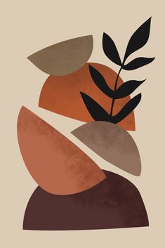 an abstract painting with leaves and rocks on it's sides, in shades of orange, brown, beige and black