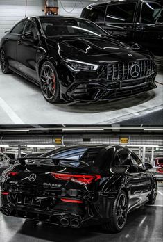 two pictures of cars parked in a parking garage, one is black and the other is red