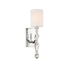 a chrome wall light with a white shade on the side and a crystal bead arm