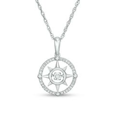 Set her in the right direction with this compass pendant from the Unstoppable Love™ Collection. Crafted in sterling silver, this shimmering compass rose design features a sparkling diamond-lined circle frame. Inside, a single diamond glistens in a unique setting that moves with every beat of her heart and every turn of her head. Radiant with 1/15 ct. t.w. of diamonds and a bright polished shine, this pendant suspends along an 18.0-inch rope chain that secures with a spring-ring clasp. White Gold Compass Medallion Jewelry, White Gold Compass Design Medallion Jewelry, Silver Medallion Jewelry With Single Cut Diamonds, White Gold Compass Design Necklace, White Gold Pendant Jewelry With Compass Design, White Gold Compass Pendant Jewelry, White Gold Compass Design Pendant Jewelry, Timeless Compass Design Jewelry, Anniversary Medallion Jewelry With Compass Design