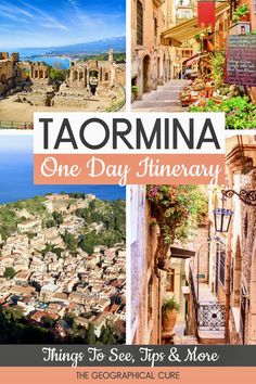 Pinterest pin for one day in Taormina Sicily Itinerary, Taormina Italy, Taormina Sicily, Greco Roman, Explore Italy, Seaside Town, Sicily Italy