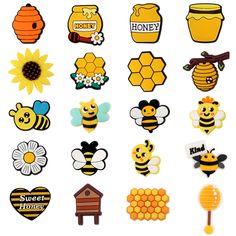 a bunch of different types of honey badges on a white background with flowers and bees