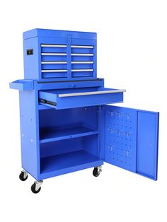 a blue workbench with drawers and wheels on the bottom shelf is open to show its contents