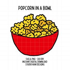 a red bowl filled with yellow popcorn on top of a white background and the words popcorn in a bowl above it