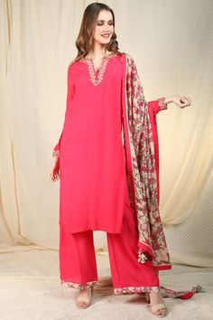 Shop for Nikasha Pink Crepe Embroidered Kurta Palazzo Set for Women Online at Aza Fashions Kurta Palazzo Set, Embroidery Print, Printed Dupatta, Palazzo Set, Split Sleeve, Straight Kurta, Embroidered Neckline, Palazzo Pants, Set For Women