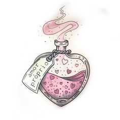 a drawing of a bottle with hearts on it and a tag hanging from the top