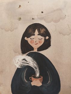 a drawing of a woman holding a cup with steam coming out of it's mouth