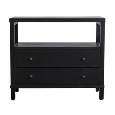 a black nightstand with two drawers and one drawer on the bottom, in front of a white background