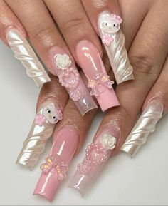 Pink Hello Kitty Nails, Nail Designs Bling, Kitty Nails, Nail Design Inspiration, Cute Acrylic Nail Designs, Pretty Gel Nails, Pink Hello Kitty