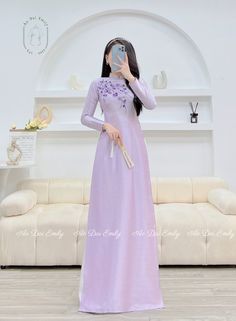 🌻Material: Lụa vân gỗ Stretchy level: 2/10 🌻 The measurement of this ao dai (long dress) is in Vietnamese size (American size tends to be bigger for the same size). Please LOOK AT THE SIZE CHART CAREFULLY BEFORE ORDERING. There might have some chalk writings on the fabric due to making process. These marks can be washed away easily. 🌻🌻No returns or exchanges Buyer can contact seller about any issues with an order. 💜 Thank you very much!💜 Formal Spring Embroidered Ao Dai, Spring Formal Embroidered Ao Dai, Formal Embroidered Ao Dai For Spring, Embroidered Ao Dai For Spring Formal, Purple Full-length Dresses For Spring, Full Length Purple Spring Dresses, Purple Long Sleeve Maxi Dress For Wedding, Traditional Lavender Fitted Dress, Purple Long Sleeve Dress With Floral Embroidery