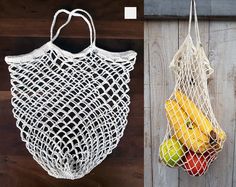 two bags with fruit in them hanging from hooks