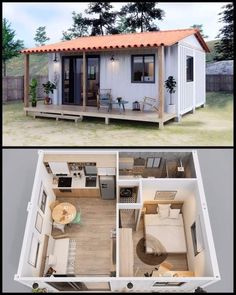 two pictures showing the inside and outside of a tiny house with an open floor plan