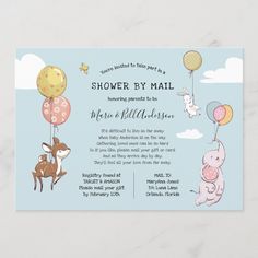 a baby shower card with animals and balloons on the front, in pastel blue