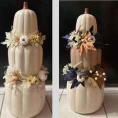 two pictures of pumpkins decorated with flowers and leaves, one is white the other is brown