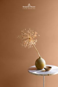 a table with a vase and a dandelion on it